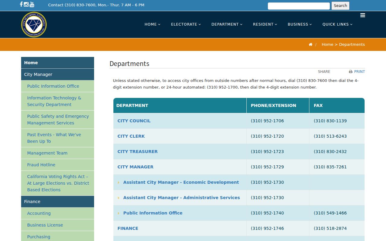Carson residents directory city department contacts