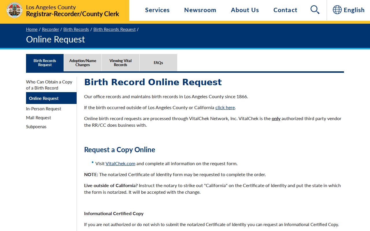 Carson previous residents California birth record request