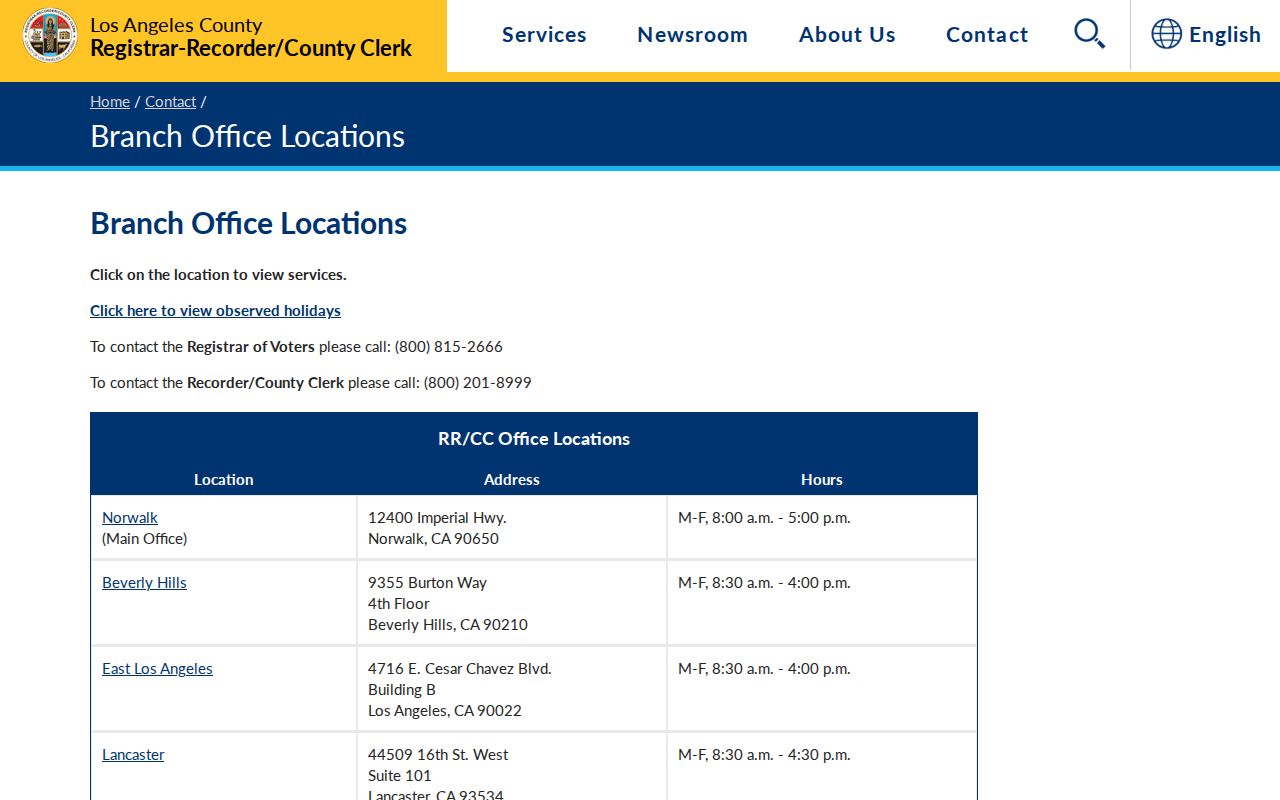 Carson previous residents address history at Los Angeles County recorder branches